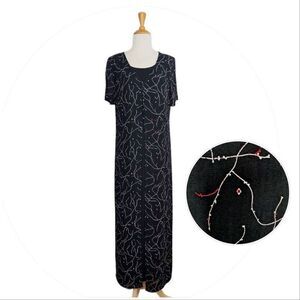 Carole Little 10 M Black Print Maxi Dress Rayon VTG 80s 90s Teacher Boho Career